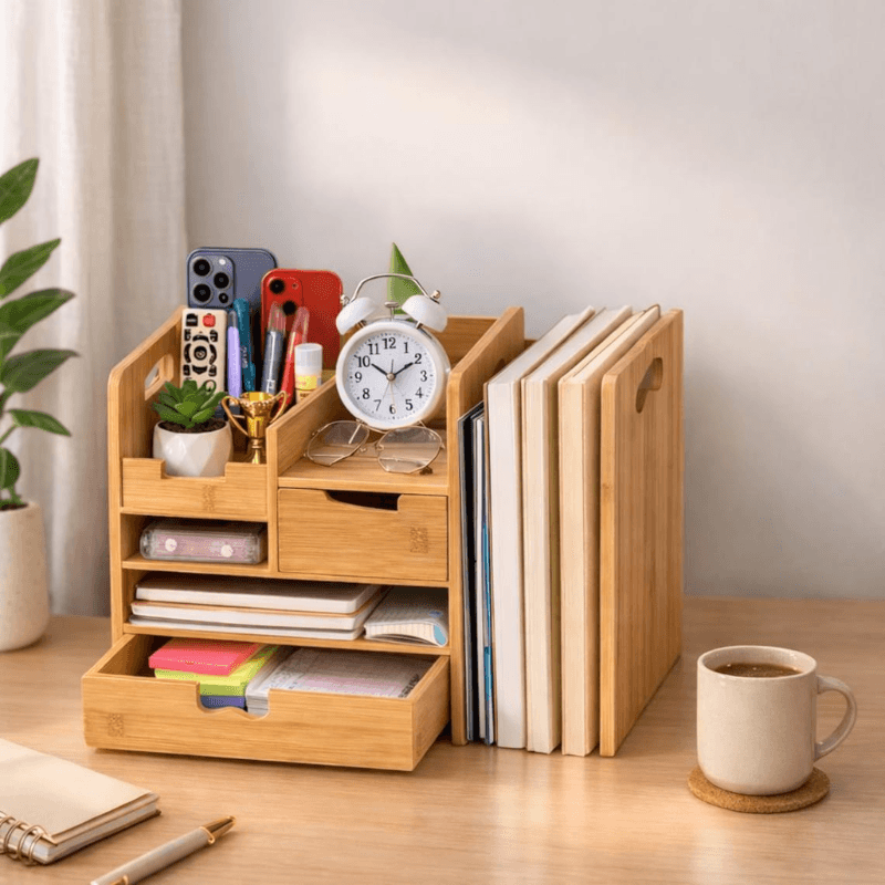 SmartHub Bamboo Desk Organizer with Drawer